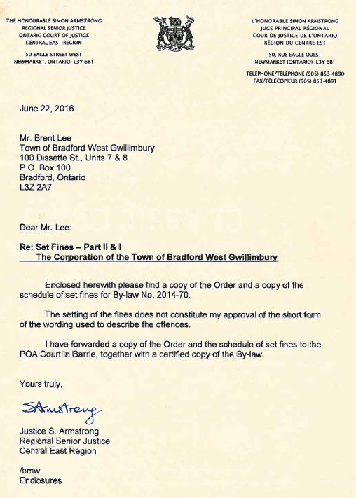 Letter from Justice S. Armstrong addressed to Mr. Lee regarding the schedule of set fines for by-law number 2014-70