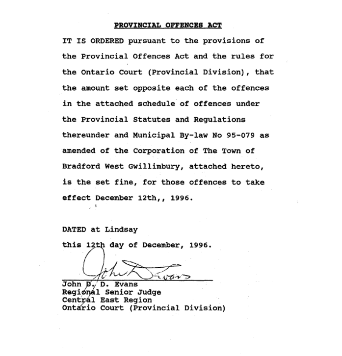 Provincial Offences Act set fines letter from Regional Senior Judge John Evans for By-law 95-079