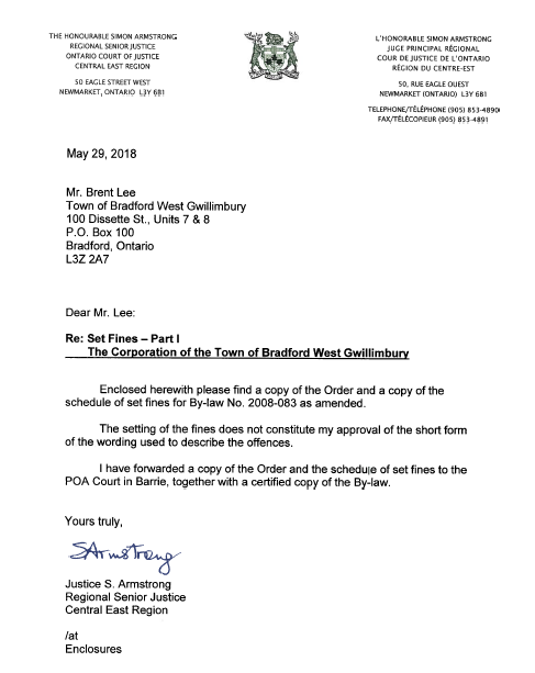 Letter from the Honourable Simon Armstrong to Mr. Lee regarding set fines for By-law 2008-083 as amended.