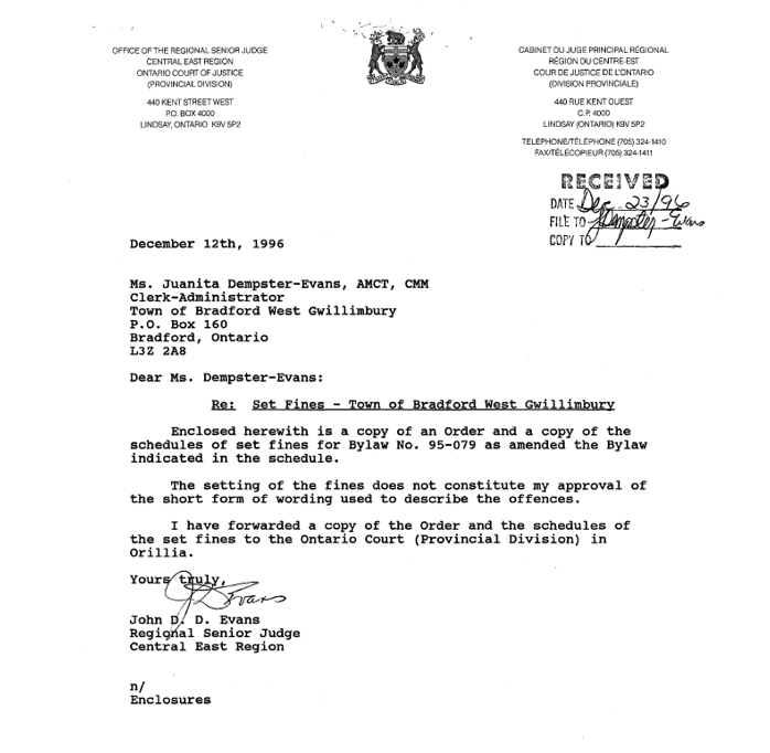 Letter from the Regional Senior Judge John Evans, addressed to Ms. Dempster-Evans regarding set fines for by-law 95-079.