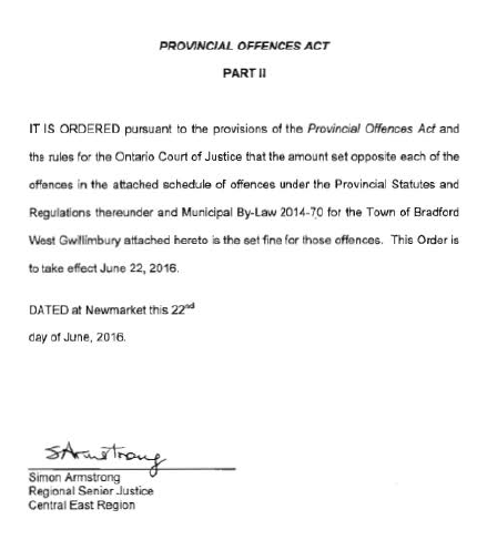 Provincial Offences Act Part II letter regarding the set fines for by-law 2014-70, signed by Regional Senior Justice Simon Armstrong.