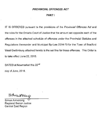 Provincial Offences Act Part I letter regarding the set fines for by-law 2014-70, signed by Regional Senior Justice Simon Armstrong.