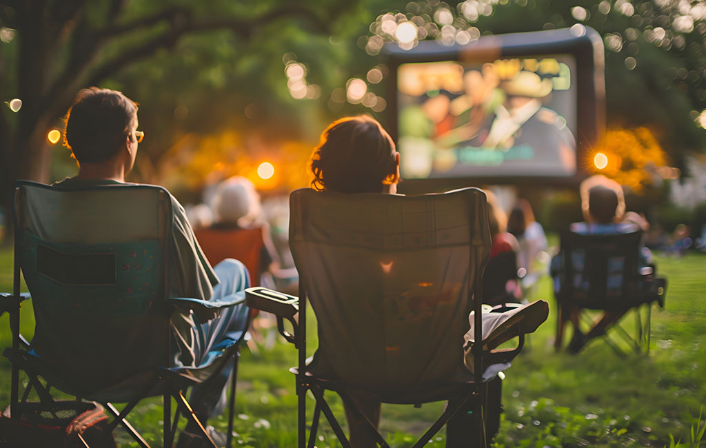 people watching a movie in the park