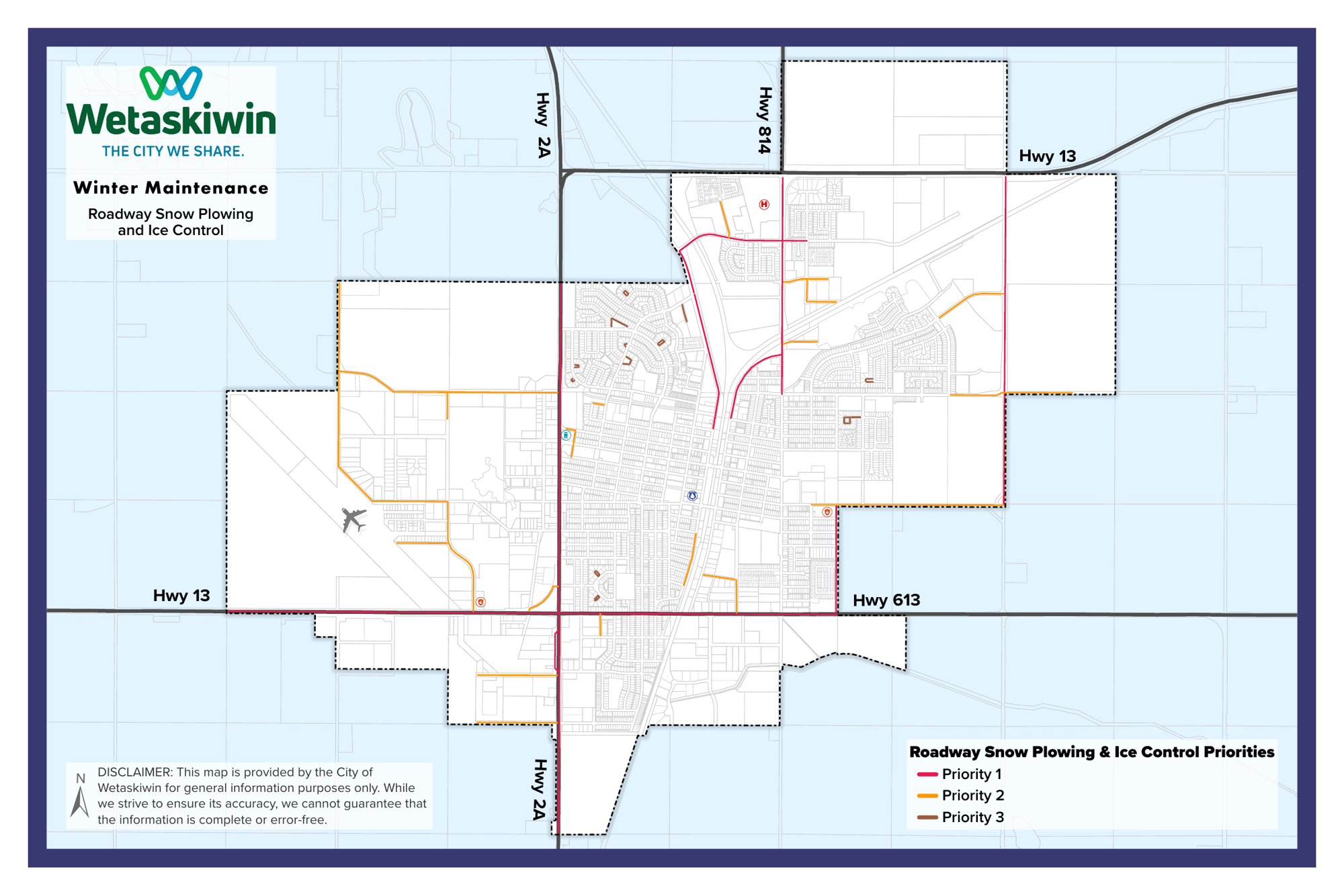 Map of Wetaskiwin showing Priority 1, 2 and 3 routes for roadway snow plowing and ice control