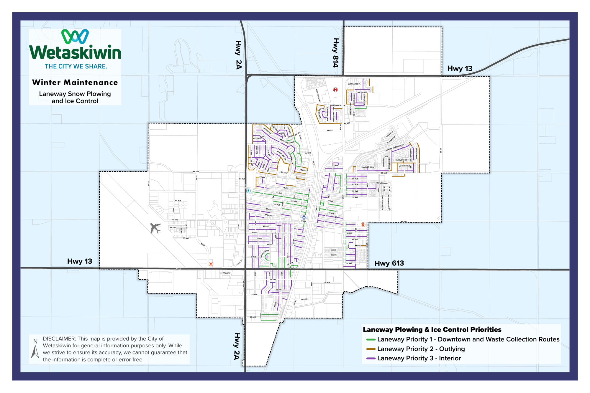 Map of Wetaskiwin showing Priority 1, 2 and 3 laneways for snow plowing and ice control