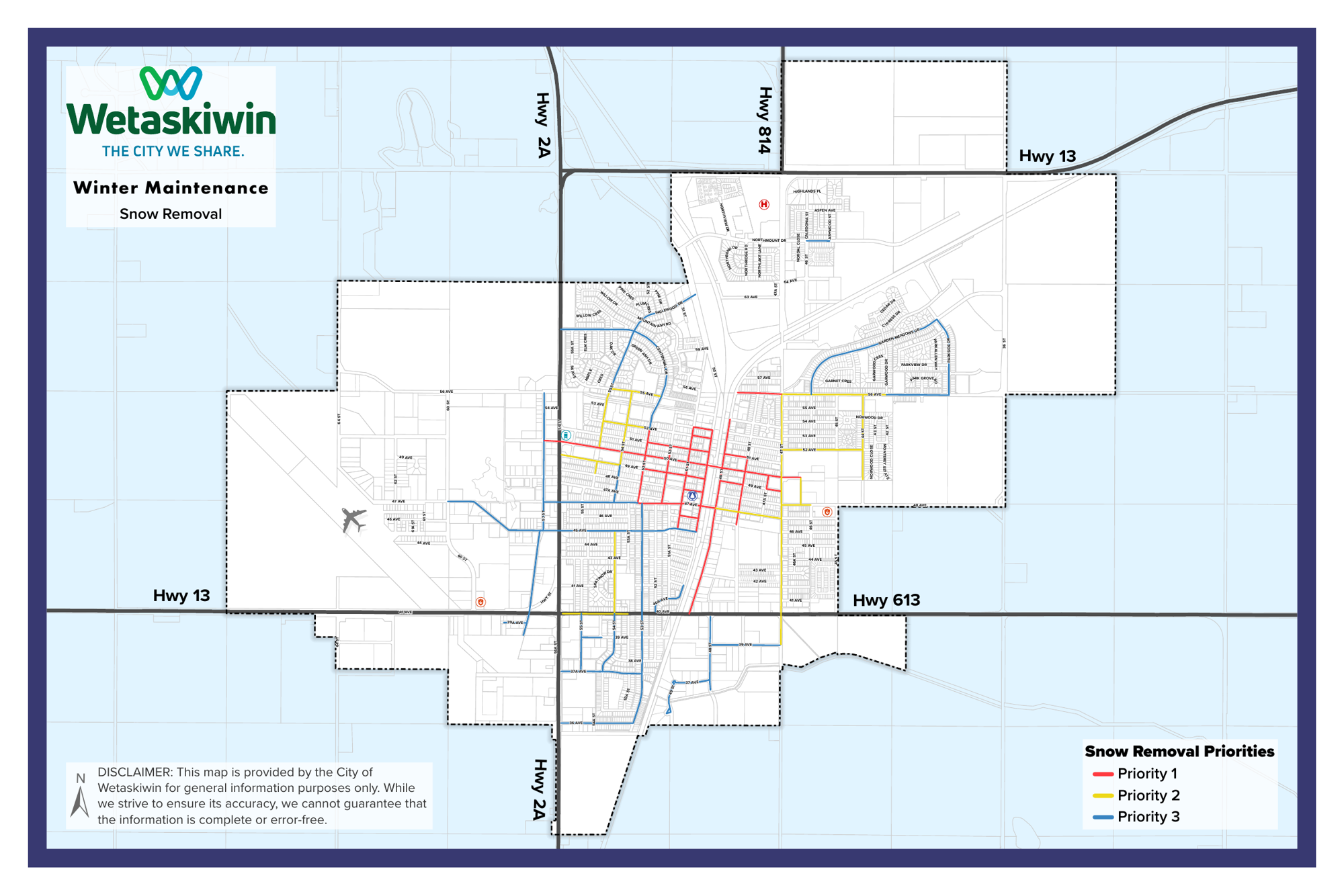 Map of Wetaskiwin showing Priority 1, 2 and 3 routes for snow removal