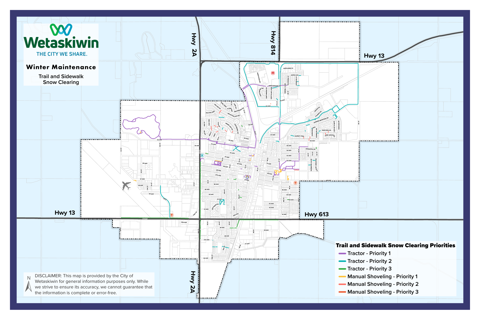 Map of Wetaskiwin showing tractor and manual shoveling priorities for trail and sidewalk snow clearing