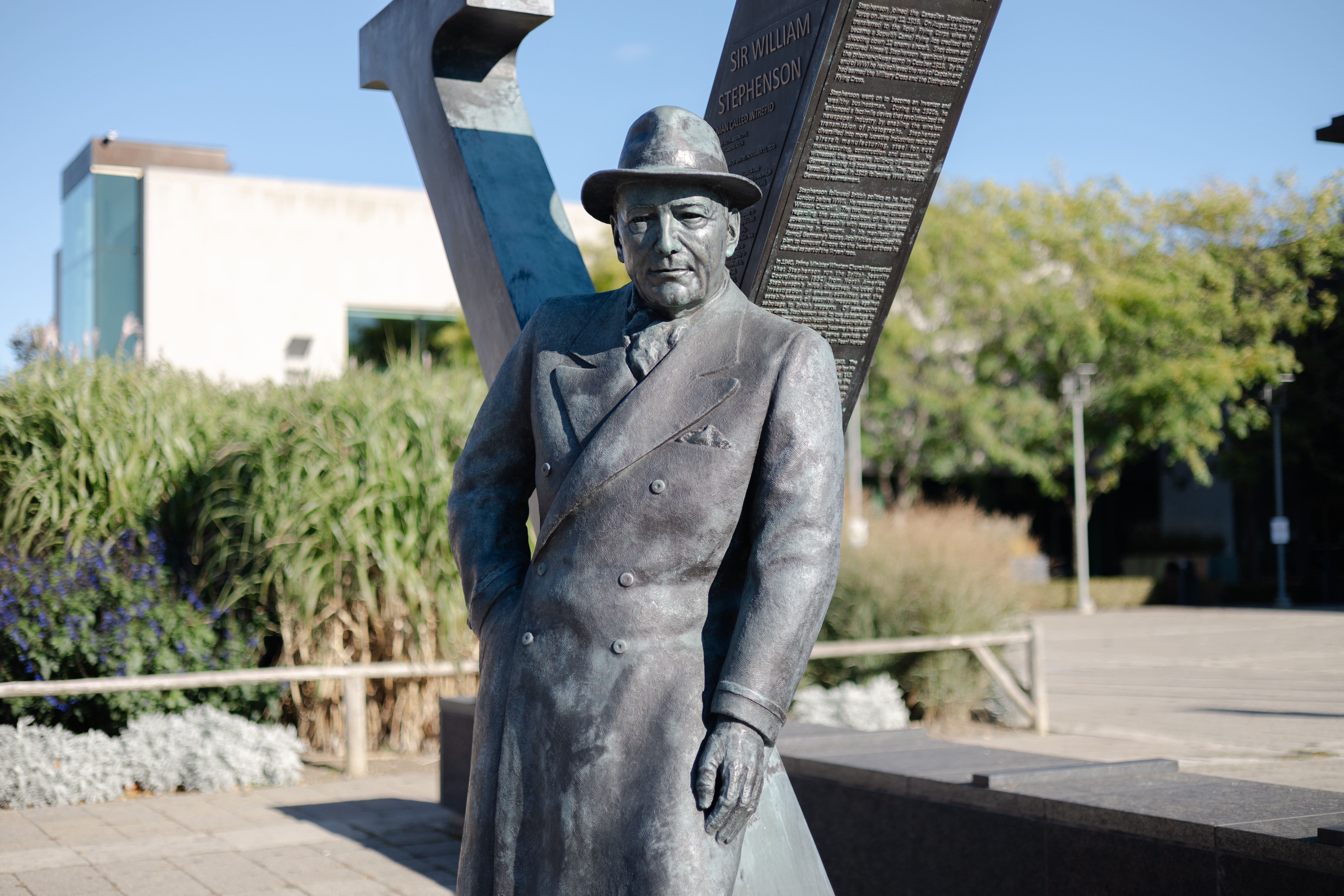 Sculpture of Sir William Stephenson in Downtown Whitby  
