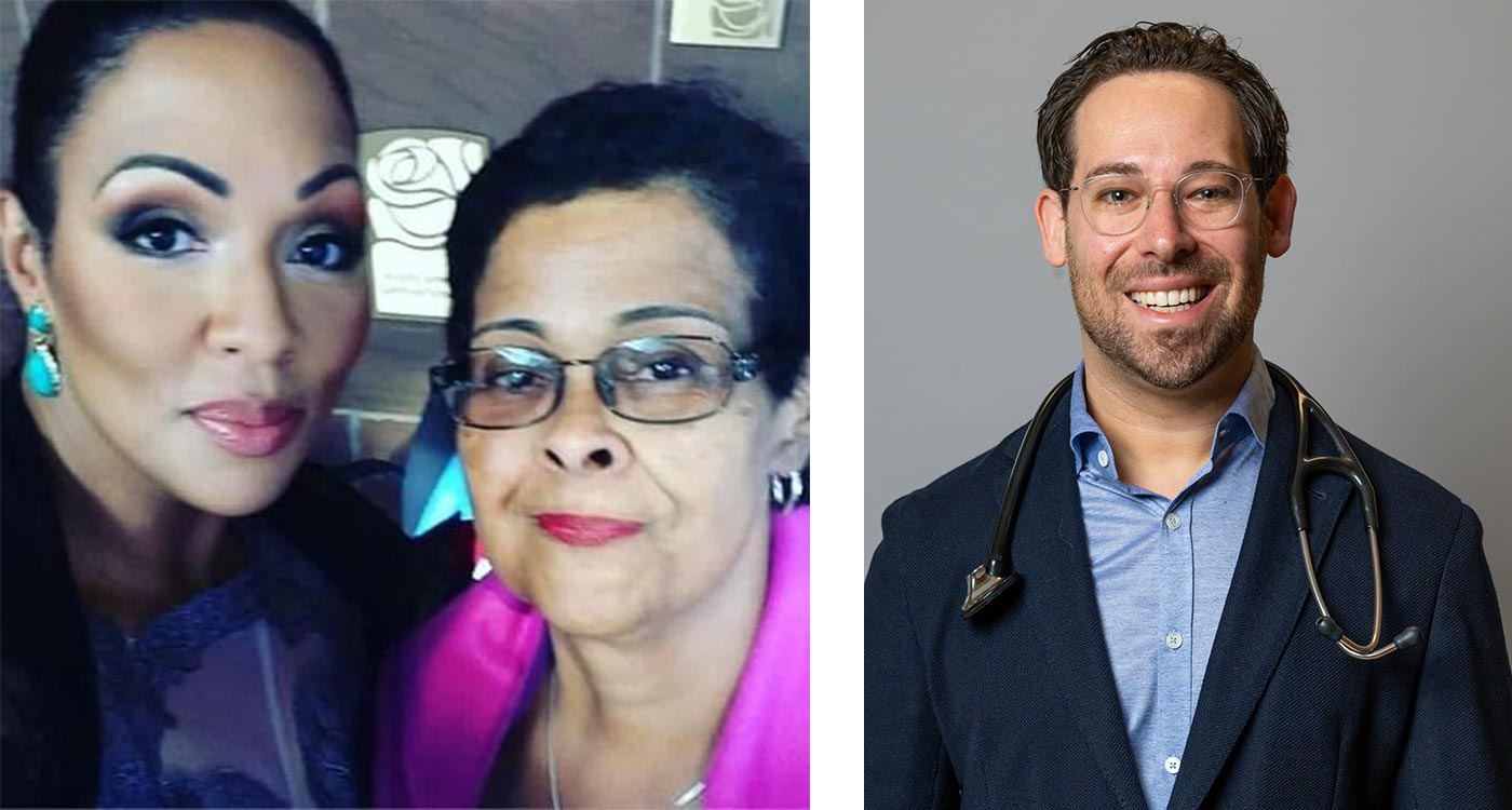 (l-r): A photo of Othalie and Marjorie beside a picture of Osler Oncologist, Dr. William Raskin