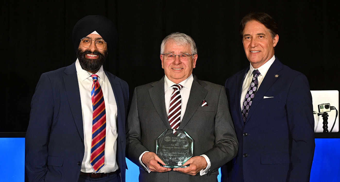 (l-r): Pardeep Singh Gill, Chair of the Board of Directors, William Osler Health System; William (Bill) Stodolny, 2025 Kay Blair Community Service Award recipient; and Dr. Frank Martino, President and CEO, William Osler Health System