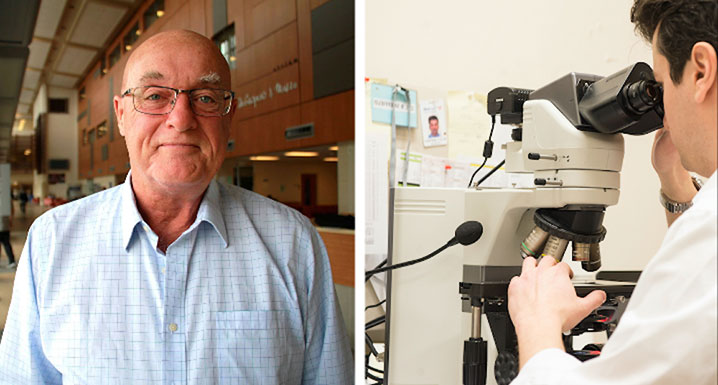 The late Dr. Ron Heslegrave, Osler’s former Corporate Chief of Research (left) and a laboratory technician using a microscope