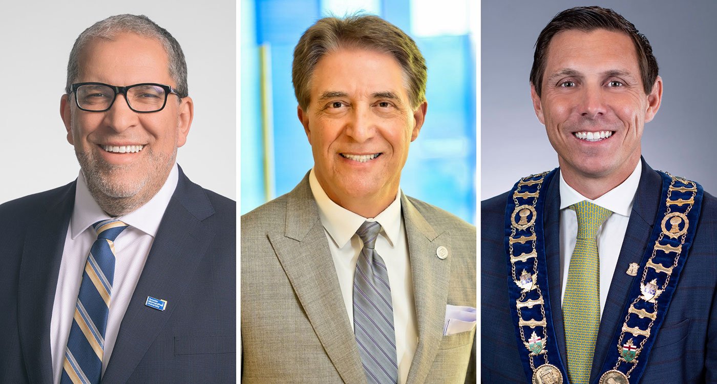 Dr. Mohamed Lachemi, President and Vice-Chancellor, Toronto Metropolitan University; Dr. Frank Martino, President and CEO, William Osler Health System; and Patrick Brown, Mayor of Brampton