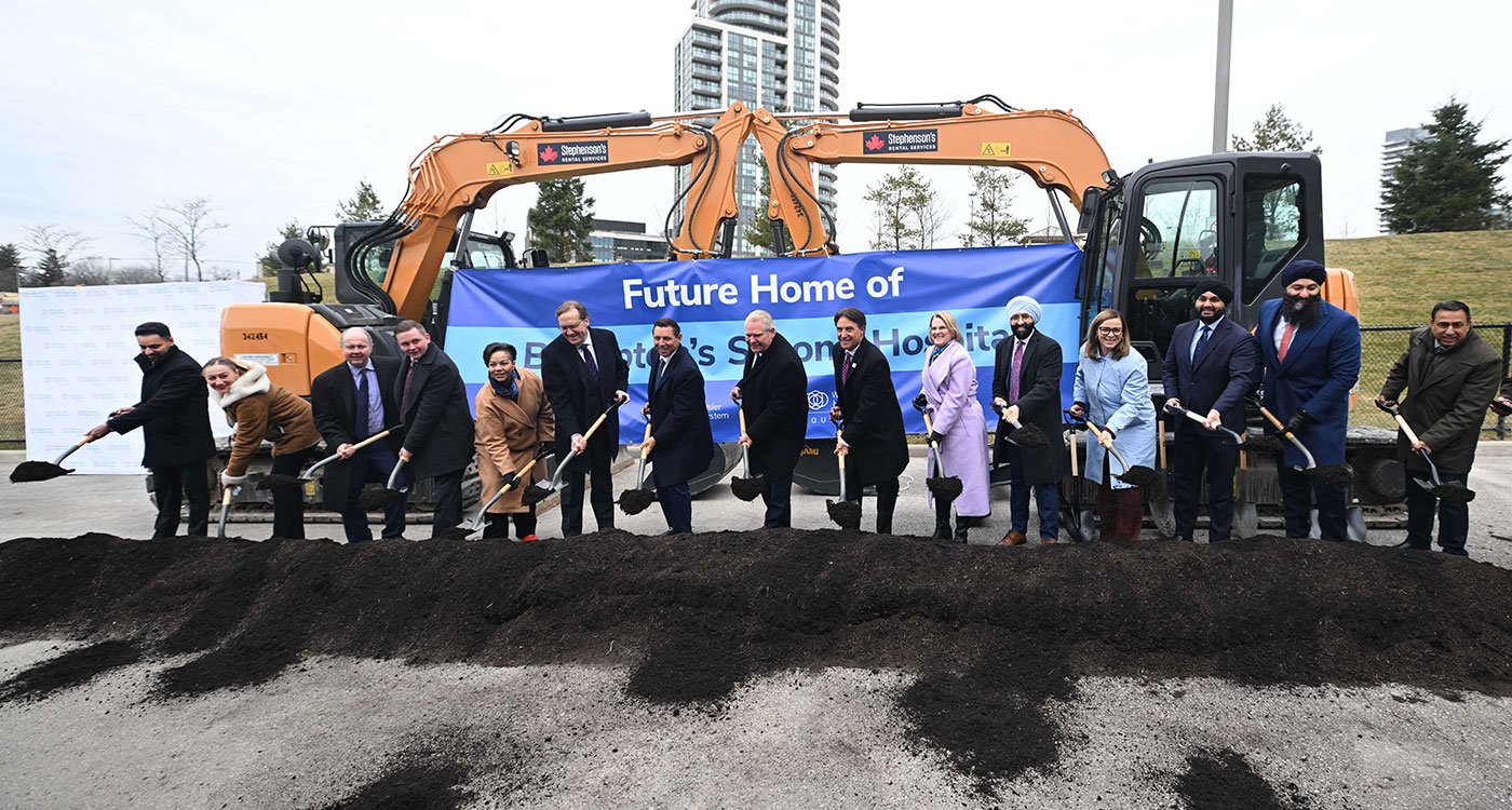 The Honourable Doug Ford, Premier, (centre) is joined by The Honourable Sylvia Jones, Deputy Premier and Minister of Health; The Honourable Kinga Surma, Minister of Infrastructure; Mayor Patrick Brown, Brampton; Dr. Frank Martino, President and CEO, William Osler Health System; Ken Mayhew, President and CEO, William Osler Health System Foundation and members of Ontario cabinet and caucus