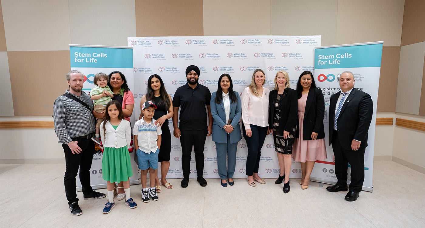 (l-r): Chris, Tristan Manny, and Jasmine Ford (stem cell recipient family); Raman Sandhu and son (cord blood donor); Hardeep Grewal, Member of Provincial Parliament (MPP) for Brampton East; Sonia Sidhu, Member of Parliament (MP) for Brampton South; Lindsay Hogeboom, Director, Infection Prevention & Control, Women’s & Children’s Program, Admitting & Registration, William Osler Health System; Kathy Ganz, Director, Stem Cells, Canadian Blood Services; Hon. Ruby Sahota, Member of Parliament (MP) for Brampton North; Tony Raso, Vice-President, Clinical Operations, William Osler Health System