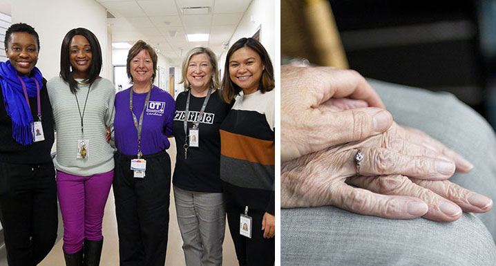 Osler's Geriatric Outreach team on the left and a woman holding a senior's hands on the right