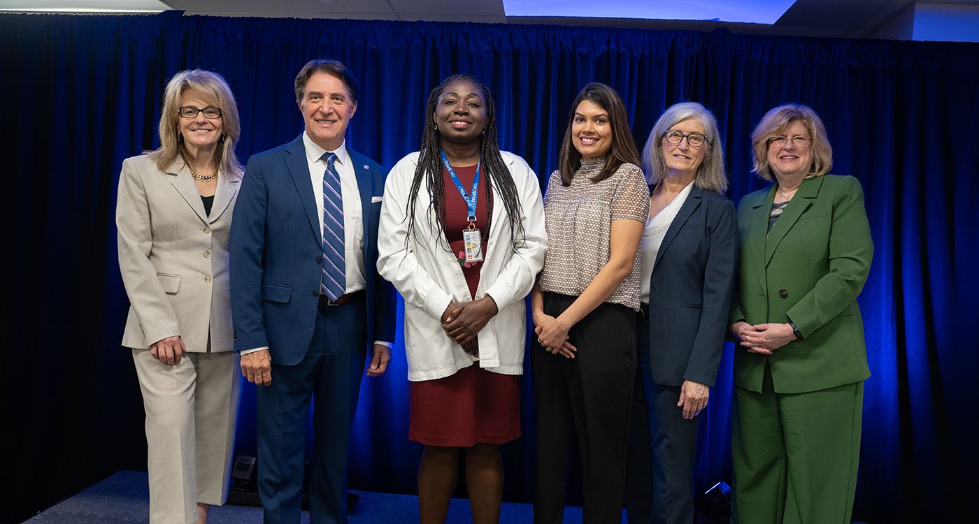 (l-r): Tiziana Rivera, Executive Vice President, Quality, Research and Chief Nursing Executive, William Osler Health System; Dr. Frank Martino, President and CEO, William Osler Health System; Gwendolyn Williams, Nurse Educator, William Osler Health System; Esha Patel, Registered Nurse, William Osler Health System; Dr. Ann Marie Vaughan, president and CEO, Humber Polytechnic; Dr. Sandra Filice, Associate Dean, Baccalaureate Nursing, Practical Nursing, Personal Support Worker & Associate Dean, Faculty of Health Science and Wellness, Humber Polytechnic