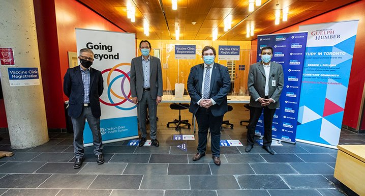 (l-r): George Bragues, Interim Vice-Provost, University of Guelph Humber; Chris Whitaker, President and CEO, Humber College; Councillor Michael Ford, Ward 1, Etobicoke North; and William Osler Health System President and CEO, Naveed Mohammad