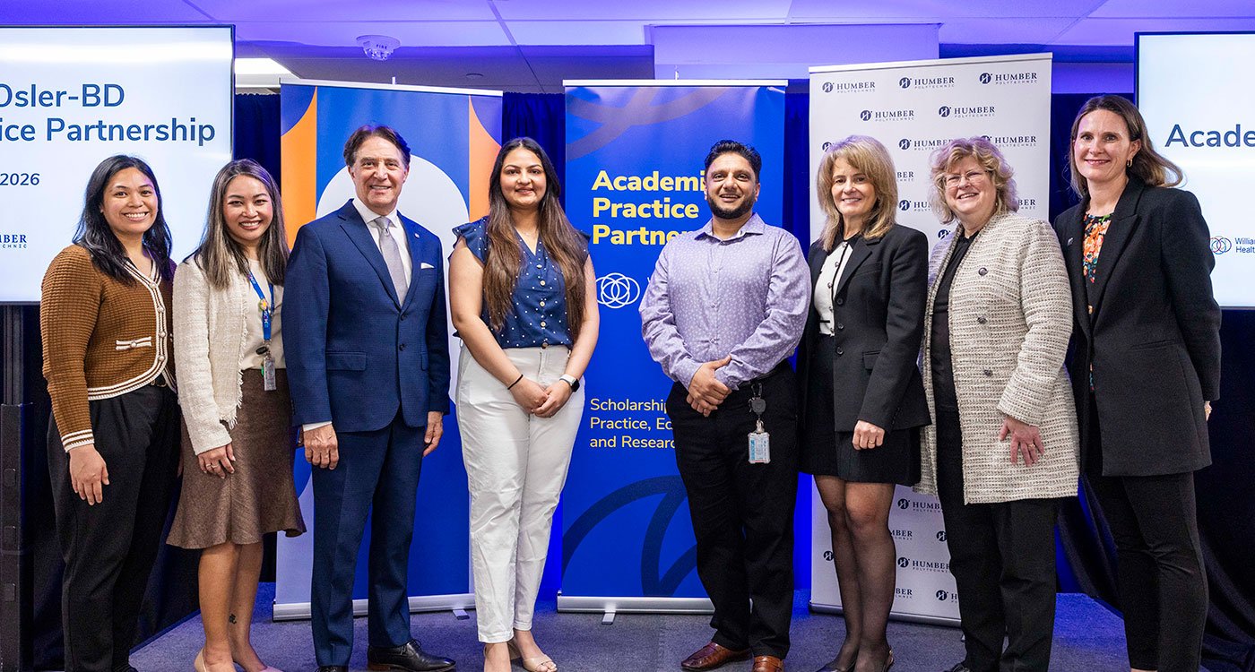 Left to right: Eleanor Joy Duldulao, Quality Management and Safety Consultant, William Osler Health System; Dr. Charissa Cordon, Associate Vice President, Practice and Academics, Nursing, William Osler Health System; Dr. Frank Martino, President and CEO, William Osler Health System; Mahi Patel, Student, Humber Polytechnic; Umar Farooq, Senior Laboratory Technician, MLA, William Osler Health System; Tiziana Rivera, Executive Vice President, Quality, Research and Chief Nursing Executive, William Osler Health System; Dr. Ann Marie Vaughan, President and CEO, Humber Polytechnic; Kristan Lingard, Senior Dean, Faculty of Health and Life Sciences, Humber Polytechnic